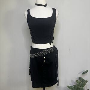 Vintage 90s Y2K Black Cotton Cargo Mini Skirt Ruched Snap Up Grunge Indie Goth 3